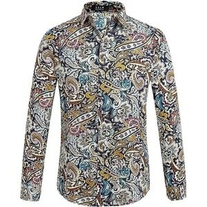 SSLR Men's Paisley Cotton Printed Long Sleeve Casual Button Down Shirt Size XL